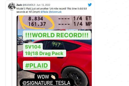 06/2022, Tesla Model S Plaid Viertelmeile-Rekord Screenshot Twitter