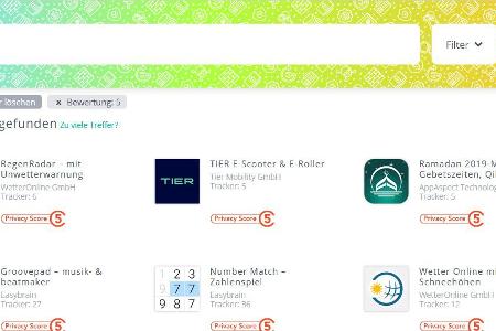 Die Suche nach Privacy Score 5 liefert bei Appchecker einige Wetter- und WLAN-Apps, aber auch verschiedene Info-Apps, die unnötige Berechtigungen verlangen. Von denen sollten Sie die Finger lassen.