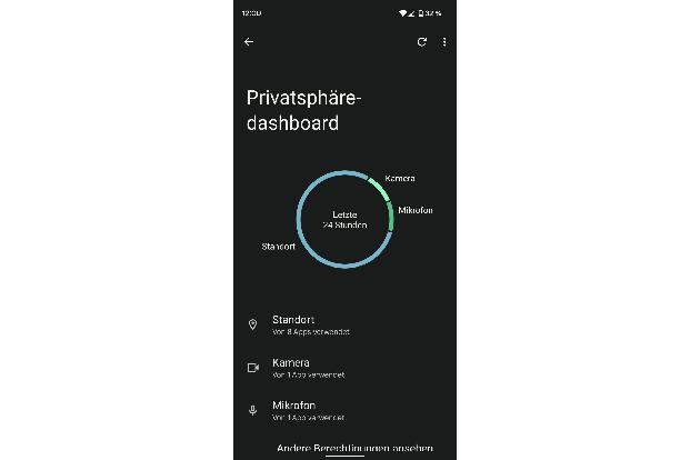 Das Privatsphäredashboard von Android 12 zeigt Ihnen den Zugriff auf Kamera, Mikrofon, Standort etc. Ein Klick auf eine Berechtigung öffnet eine Zeitachse, über die Sie direkt in die Berechtigungen einer App verzweigen.