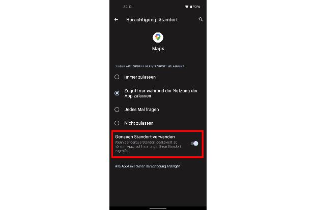 In Android 12 legen Sie fest, ob eine App Ihren genauen Standort übermittelt bekommt oder nur einen groben Anhaltspunkt im Radius von rund 100 Metern um Ihren Standort erhält.