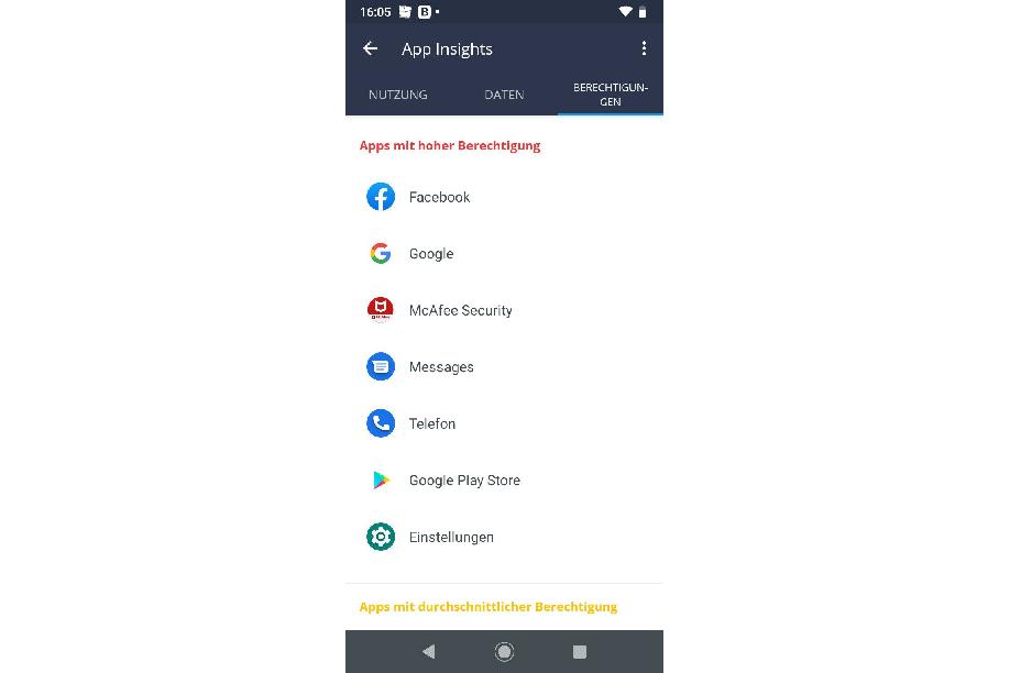 Die Funktion „App Insights“ des AVG-Virenscanners hilft Ihnen, Ihre installierten Apps zu klassifizieren. Damit wird auf einen Blick sichtbar, welche Anwendungen eine größere Anzahl kritischer Berechtigungen haben.