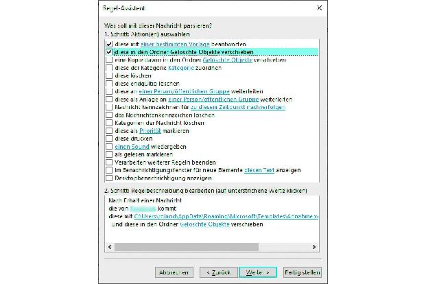 Über eine Regel können Sie in Outlook E-Mails von bestimmten Absendern automatisch beantworten und außerdem sofort zu den gelöschten Objekten verschieben.