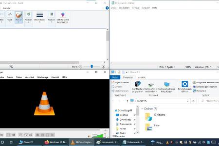 Diese Anordnung ergibt sich, wenn sie vier Fenster in die Ecken des Bildschirms verschoben haben. Wenn Sie auf einem großen Bildschirm arbeiten, ist das eine Option. Auf einem 13 Zoll Monitor sind die Augen - besonders bei platzfordernden Anwendung - aber womöglich überfordert und eine Zweiteilung erscheint sinnvoller. 