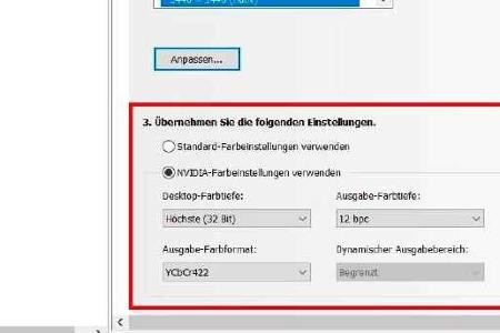 Damit Ihr HDR-Display auch wirklich die für HDR geforderten zehn Bit Farbtiefe anzeigen kann, muss die Grafikkarte die Farbdarstellung steuern – hier „Nvidia- Farbeinstellungen verwenden“.