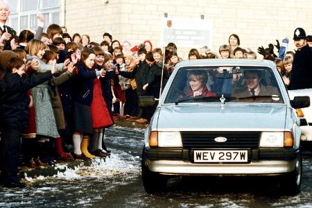 Princess Diana leaving St Mary's Primary School in Tetbury in her Ford Escort Mk3