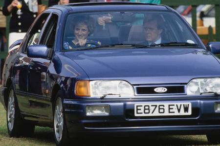 Princess Diana at a charity Polo match in a Ford Sierra