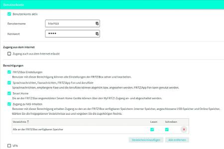 Die Fritzbox weist dem automatischen Benutzerkonto bestimmte Rechte zu. Für Einsatzzwecke (VPN-Zugang) müssen Sie einen zusätzlichen Benutzer einrichten.