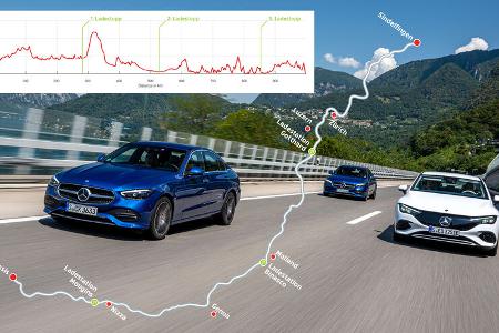 Mercedes EQE 350+ C300e C300d auf Autobahn mit Höhenprofil und Route für Effizienzfahrt Sifi Cassis