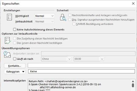 In Outlook finden Sie den Mail-Header nach dem Öffnen einer Nachricht unter „Datei –› Eigenschaften“.