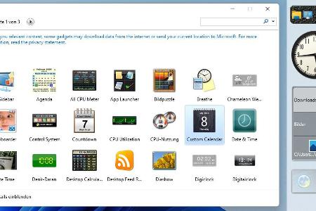 Mit 8 Gadget Pack lassen sich die Windows-7-Minianwendungen auch unter Windows 10 oder 11 nutzen. Die Elemente lassen sich auf dem Bildschirm frei positionieren.