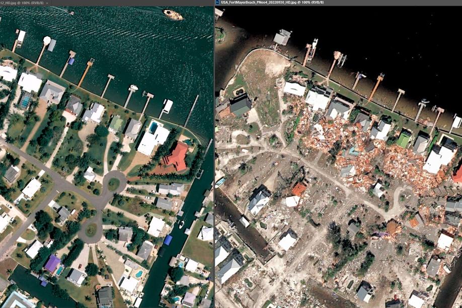 Die Aufnahme zeigt Fort Myers Beach im April und die Zerstörung nach dem Hurrikan 