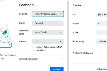 Chrome OS Flex unterstützt und erkennt auch viele (ältere) externe Geräte sofort, beispielsweise einen mehr als 15 Jahre alten Flachbettscanner von HP (links) oder unseren Laserdrucker im Netzwerk.