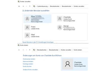 Windows bietet sowohl in der Systemsteuerung (im Bild) als auch in der Einstellungen-App einen genauen Überblick über alle eingerichteten Benutzerkonten.