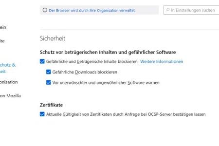 In Firefox finden Sie den Phishing-Schutz unter „Einstellungen –› Datenschutz & Sicherheit“ im Abschnitt „Sicherheit“. Stellen Sie sicher, dass dort Häkchen vor den Schutz- und Zertifikatoptionen stehen.