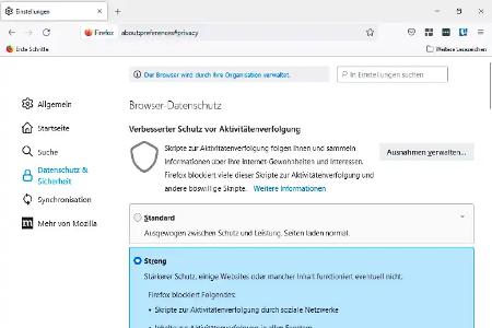 Firefox beinhaltet einen differenziert arbeitenden Tracking-Schutz. Diesen müssen Sie jedoch über die „Einstellungen“ des Browsers zunächst für das gewünschte Schutz-Level konfigurieren.