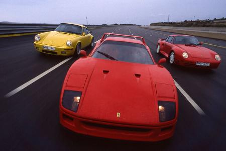Ferrari F 40, Mercedes AMG 6.0 32 V, Porsche 959, Ruf-Porsche CTR, Hochgeschwindigkeits-Vergleich 1988