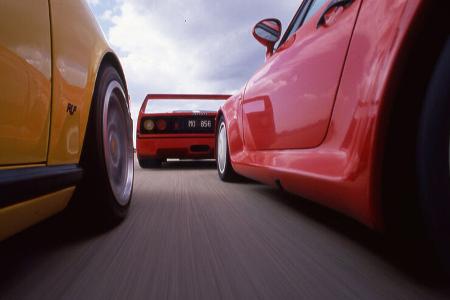 Ferrari F 40, Mercedes AMG 6.0 32 V, Porsche 959, Ruf-Porsche CTR, Hochgeschwindigkeits-Vergleich 1988