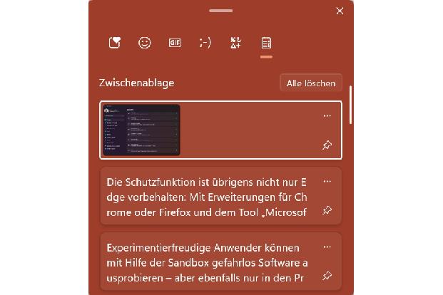 Die erweiterte Zwischenablage von Windows sammelt bis zu 25 Textelemente und Bilder. Über den Hotkey Windows-V werden sie aufgerufen.