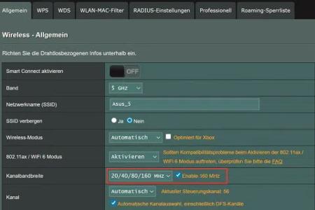 Viele Fritzbox-Router nutzen 160 MHz breite Funkkanäle automatisch. Bei anderen Herstellern, wie etwa Asus, müssen Sie dies im Menü erst einschalten.