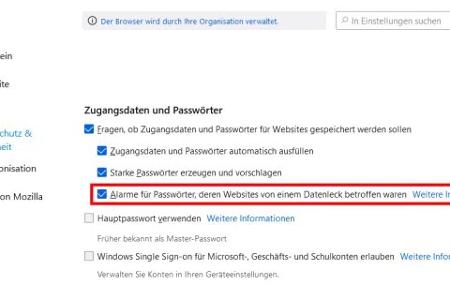 Firefox überwacht beim Aktivieren dieser Option, ob die im Browser gespeicherten Zugangspasswörter auf geleakten Listen in Internetforen oder im Darknet auftauchen.