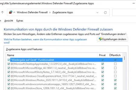 Unter den Firewall-Einstellungen erreicht man eine Liste, welche die Programme anzeigt, die durch die Firewall kommunizieren dürfen.
