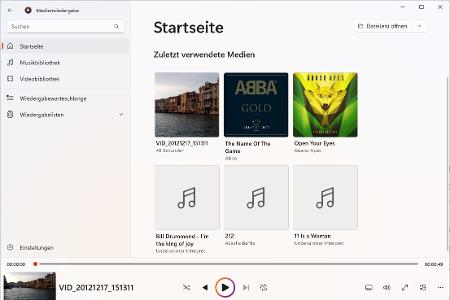 Die Startseite der Medienwiedergabe erscheint aufgeräumt und ist übersichtlich. Im Hauptfenster zeigt diese zuletzt aufgerufene Musikstücke und Videos an.