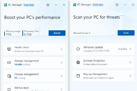 Dank Beschränkung auf zwei Bereiche ist der PC Manager sehr übersichtlich: „Cleanup“ links optimiert den PC, „Security“ rechts bietet Zugriff auf die Sicherheitseinstellungen.