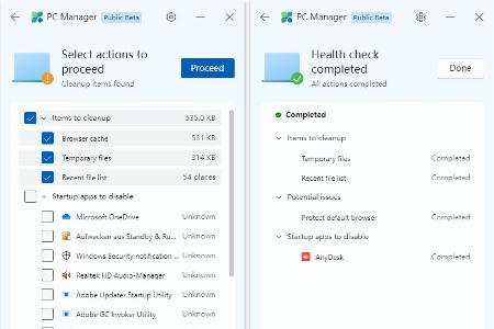 Die Funktion „Health check“ Vorher-Nachher: Links die Auswahl der durchzuführenden Aktionen, rechts das Resultat inklusive dem Deaktivieren einer Autostart-Anwendung.
