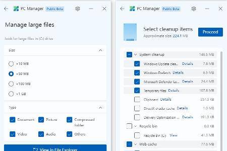 Weitere Funktionen: Mit der Suche nach Dateien bestimmter Größe spürt man schnell Platzfresser auf, während „Deep Cleanup“ wieder Platz auf der Festplatte schaffen kann.