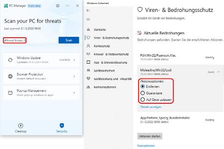 Die Weiterleitung auf festgestellte Sicherheitsprobleme findet sich im PC Manager (links); sie führt direkt weiter zum Windows-Sicherheitscenter.