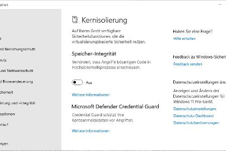 Die Funktionen der Kernisolierung wie die Speicher-Integrität und der Windows Defender Credential Guard greifen auf die Virtualisierung per VBS zurück.