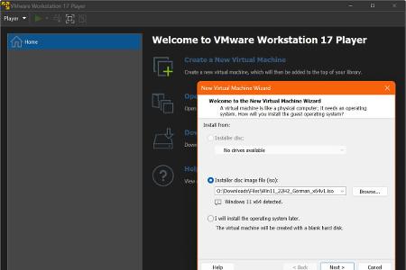 Ein neuer virtueller PC kann im Vmware Workstation Player auf Basis einer Setup-DVD oder über ein ISO-Image eingerichtet werden.