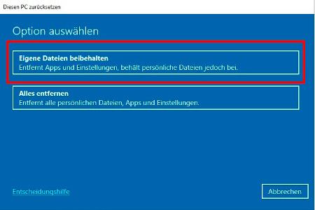 Ein langsames Windows lässt sich per Neuinstallation beschleunigen. Der Schritt will jedoch überlegt sein. Da nur das System zurückgesetzt werden soll, entscheiden Sie sich dafür, Ihre Daten beizubehalten.