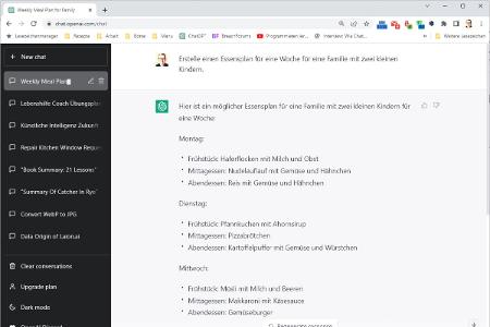 Chat-GPT programmiert nicht nur und schreibt Gedichte, es erstellt auch Essenspläne und die dazugehörigen Einkaufslisten. Auf Wunsch berücksichtigt der Bot Lieblingsspeisen und Unverträglichkeiten.