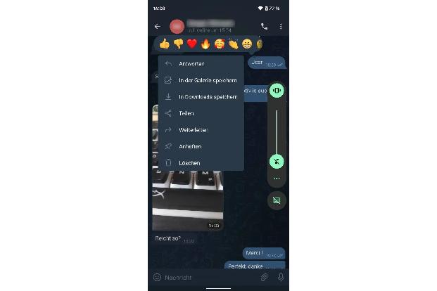 Auch Telegram setzt das manuelle Speichern auf dem Smartphone voraus, bevor Anhänge auf den PC übertragen werden – wahlweise in der Galerie oder den Downloads.