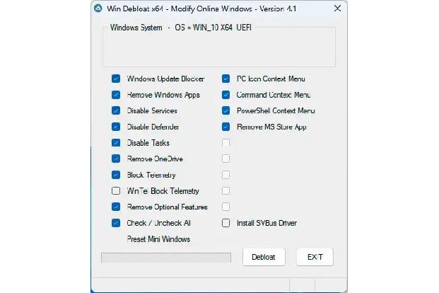 1. Schritt zur Reduzierung: Durch die Anwendung von Win Debloat werden Apps, Dienste, Aufgaben und Funktionen aus dem System entfernt, das Sie aus der VHD-Datei starten. Anschließend führen Sie einen Neustart von Windows durch.