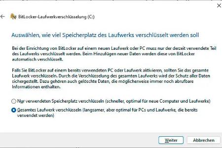 Bitlocker bietet die Möglichkeit, entweder nur die bestehenden Dateien oder die gesamte Festplatte zu verschlüsseln. Für die Systempartition empfiehlt es sich, die zweite Option zu wählen.
