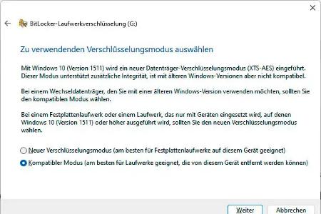 Falls Sie planen, den USB-Stick auch an anderen Computern zu verwenden, empfiehlt es sich, den kompatiblen Verschlüsselungsmodus einzustellen.