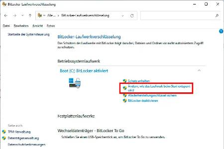 Sobald Sie die Bitlocker-Richtlinie aktiviert haben, erscheint im Fenster der Bitlocker-Laufwerkverschlüsselung ein zusätzlicher Eintrag für die Festlegung einer PIN.