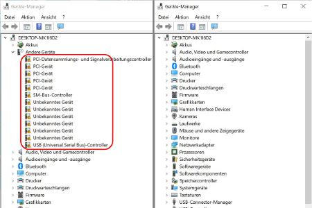 Vor und nach der Migration: Nachdem Windows auf den neuen Computer übertragen wurde, können im Geräte-Manager beim ersten Start noch einige Fehlermeldungen angezeigt werden (links). Diese verschwinden jedoch nach einer kurzen Aktualisierung und innerhalb weniger Minuten vollständig (rechts).