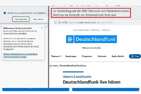 Nachdem Sie die Untertitel (auf der linken Seite) eingerichtet haben, transkribiert die neue Funktion automatisch Textinhalte aus Audio- und Videostreams sowie lokalen Dateien und blendet sie oben ein (auf der rechten Seite) ein.