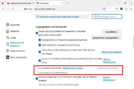 Der Passwortmanager von Firefox sieht die Definition eines Hauptpassworts vor. Mit diesem können Sie die gespeicherten Passwörter vor fremden Blicken schützen.