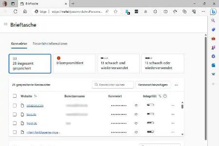 Der Passwortmanager von Microsoft Edge bietet eine Brieftaschen-Ansicht, die die wichtigsten Informationen übersichtlicher präsentiert als die Standardansicht.