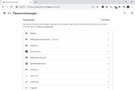 Der in Google Chrome integrierte Passwortmanager ist betont schlicht gehalten. Über das Drei-Punkte-Menü des Browsers ist er über einen eigenen Menüpunkt einfach zu erreichen.