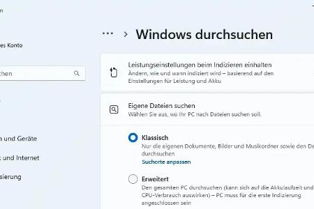 Innerhalb der „Einstellungen“ von Windows stehen die Suchmodi „Klassisch“ (nur eigene Ordner) und „Erweitert“ (gesamter PC) zur Verfügung. Einige Ordner sind standardmäßig von der Suche ausgeschlossen.