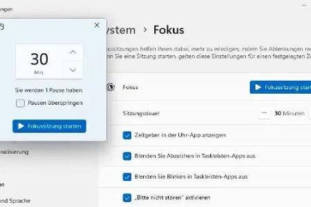 Während einer Fokussitzung deaktiviert Windows störende Benachrichtigungen. Die Anzeige von gewünschten Informationen kann jedoch individuell konfiguriert werden.