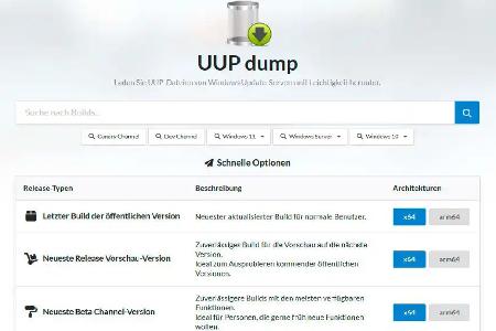 Die Website uupdump.net bietet die Möglichkeit, neuere Windows-Versionen als ISO-Datei herunterzuladen. Der Download erfolgt hierbei von Microsoft-Servern.