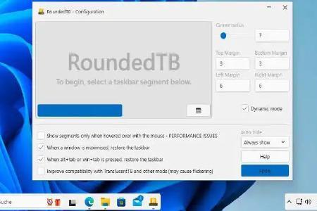 Das Tool Rounded TB stattet die Windows-Taskleiste mit abgerundeten Ecken aus, ändert den Abstand zum Bildschirmrand und verkleinert die Leiste auf die minimal erforderliche Länge.