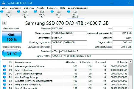 Crystal Disk Info liefert Informationen über den Zustand von Festplatten und SSDs. Bei kritischen Werten können Warnmeldungen aktiviert werden.