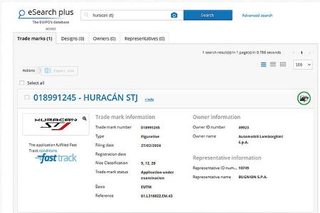 Lamborghini Huracan STJ Modellbezeichnung Patentanmeldung